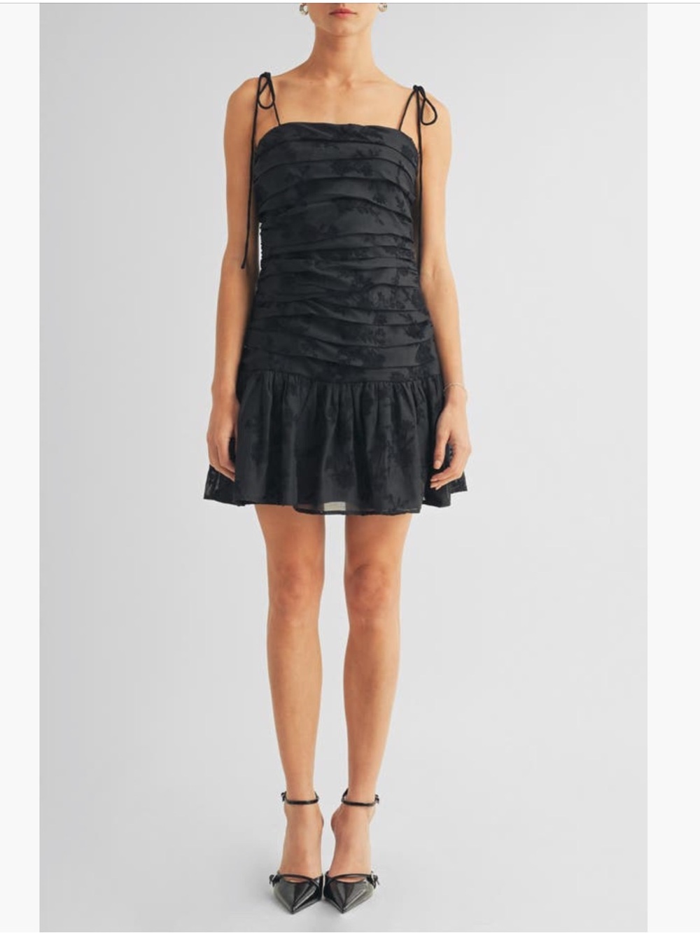 Arose Studio Kienna Embroidered Metallic Shimmer Drop-Waist Mini Dress Black S